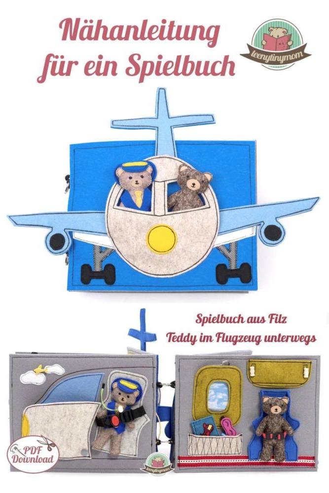 n-hfrosch-schnittmuster-quiet-book-teddy-im-flugzeug-filz-4-seiten image 1