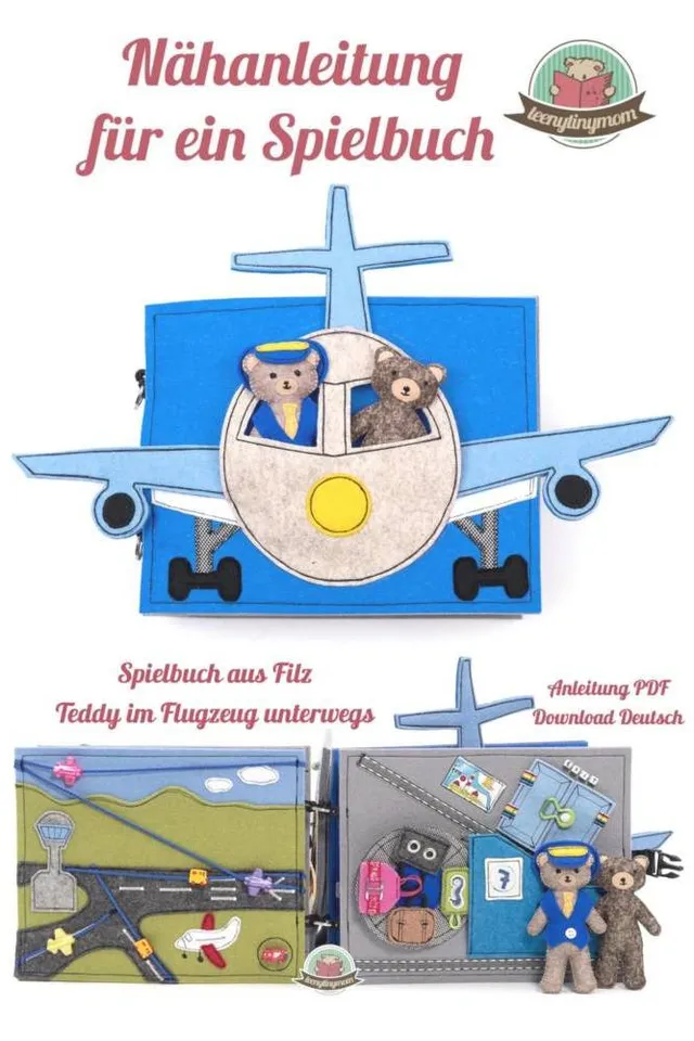 n-hfrosch-teddy-im-flugzeug-quiet-book-schnittmuster-filz image 1