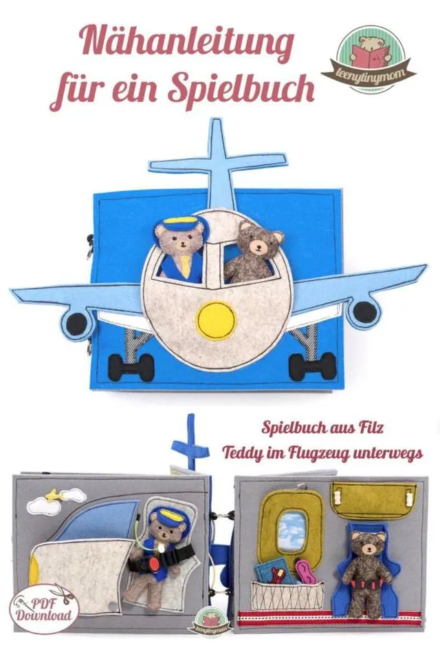 n-hfrosch-schnittmuster-quiet-book-teddy-im-flugzeug-filz-4-seiten image 1